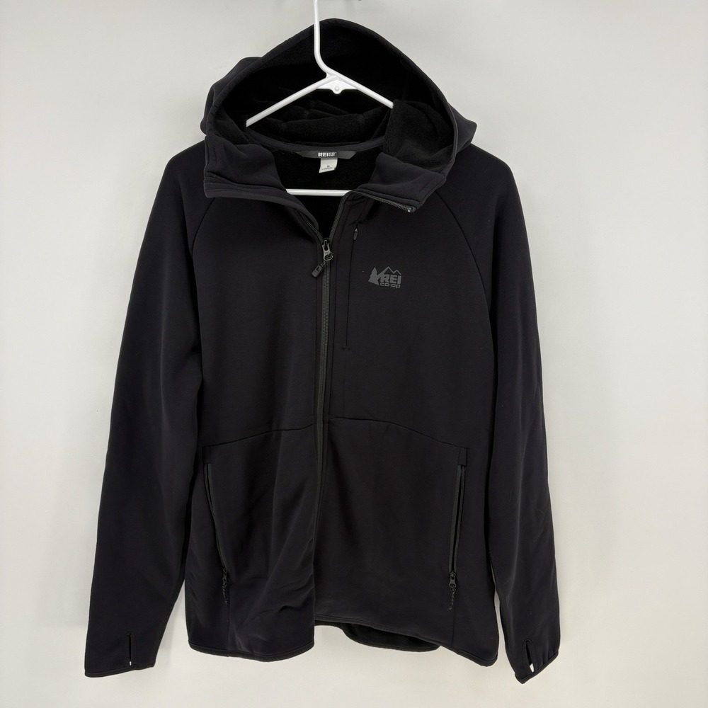 REI Co-op Jacket Men XL Black Polartec Hooded Zip Fleece Hiking Stretch Tech